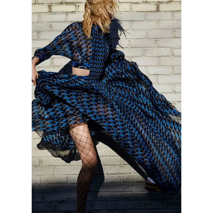 

2021 Spring and Summer New Products Elegant Celebrity Sexy Waist Fresh Print Small Stand Collar Pleated Dress Long Dress