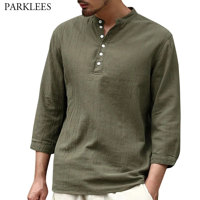 

Army Green Cotton Linen Shirt Men Fashion Half Button 3/4 Sleeve Pullover Shirts Mens Lightweight Casual Top Blouse Cheimise 3XL
