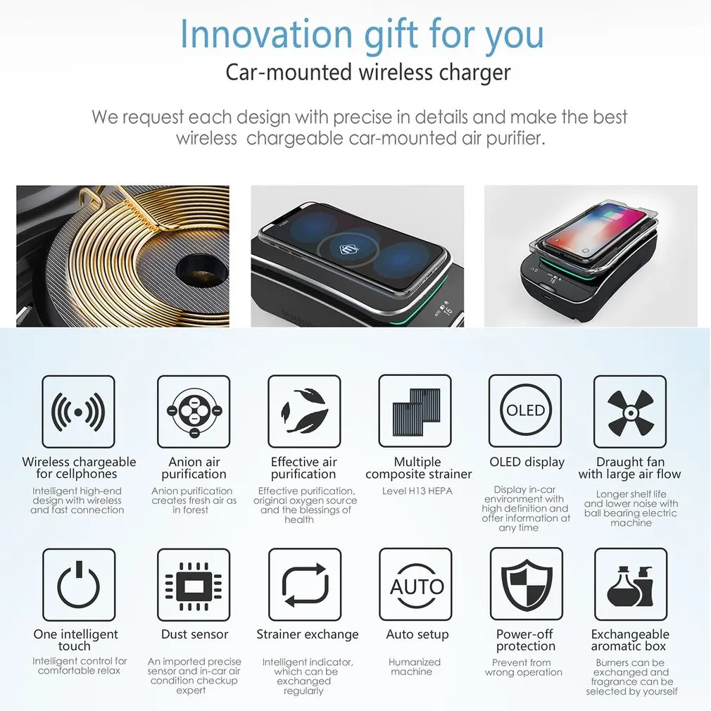 

2018 New S01 Portable Car Cigarette Smoke Air Purifier Wireless Charging Smart Air Purifierwith Wireless Mobile Charger