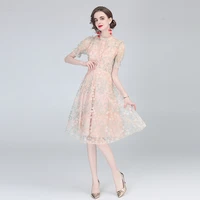 simgent lace embroidery dress women fashion vintage elegant lantern sleeve a line mesh dresses robe femme jurken sg1676