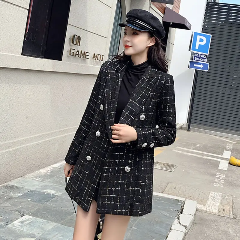 Женский твидовый комплект из 2 предметов зимняя клетчатая черная верхняя одежда