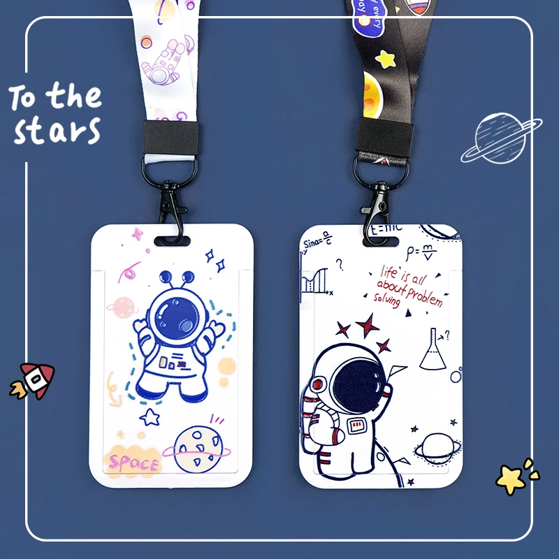 

MOHAMM 1 Piece Plastic Cute Cartoon Spaceman Card Holder with Lanyard Strap for Offices School ID Students Storage Supplies