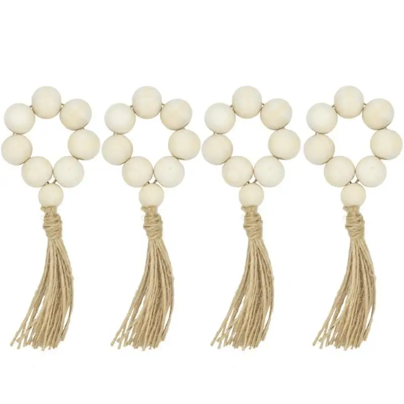 

4 Pcs Wood Bead Napkin Rings With Tassels Rustic Farmhouse Wood Beads Garland Wall Hanging Weddings Home Decor Table Decoration