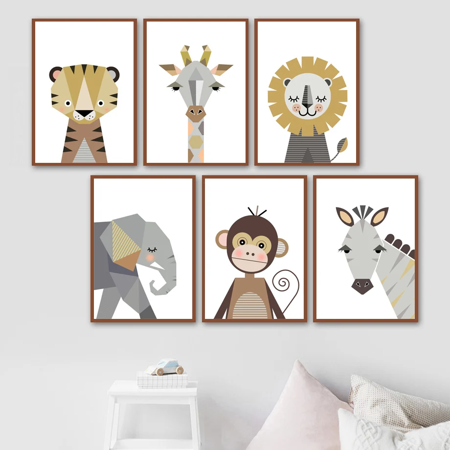 

Cartoon lion giraffe zebra elephant monkey animal wall art print canvas painting nordic poster and print wall picture baby child