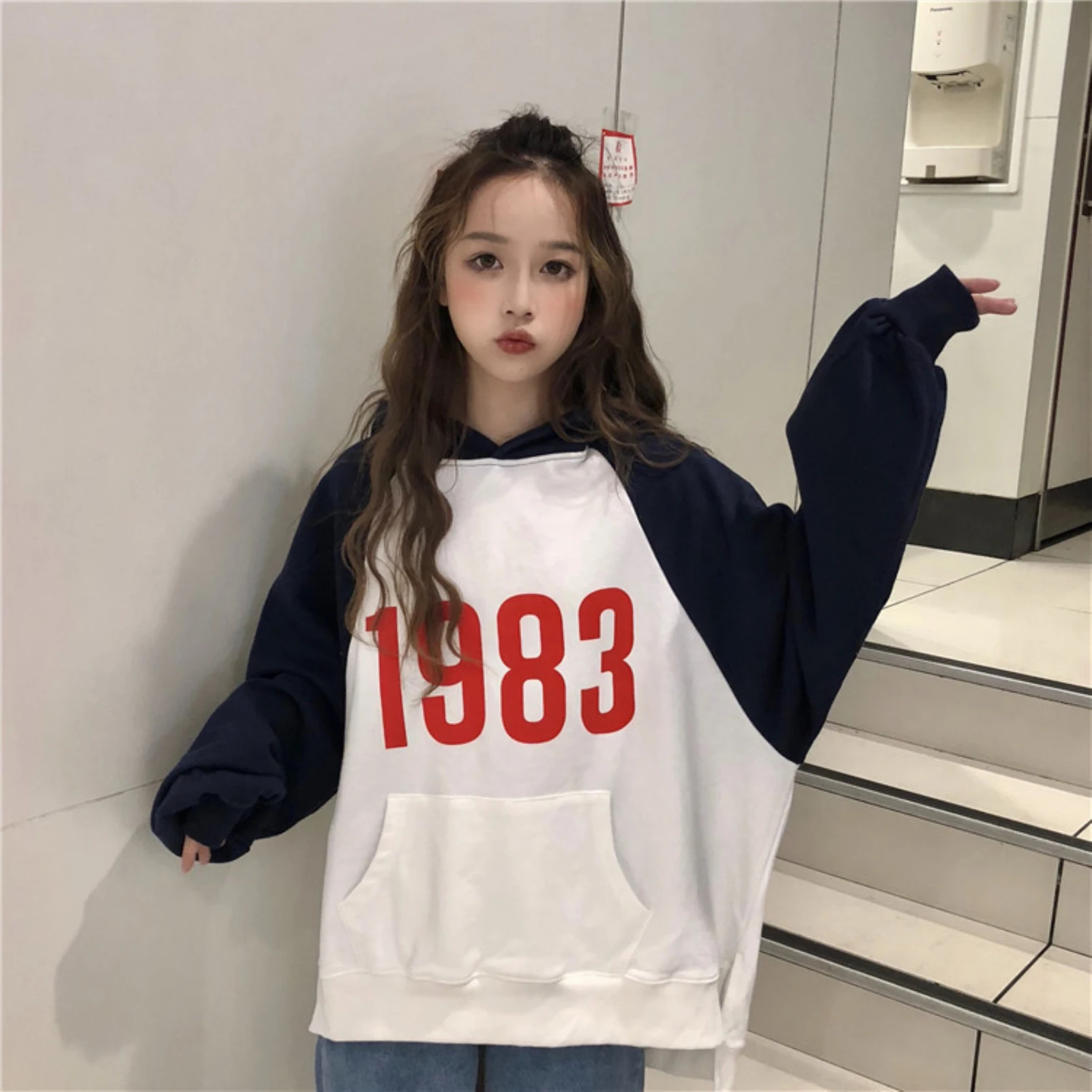 Women Color Block Leisure Loose Long Raglan Sleeve Plush Warm Hoodie Pocket Autumn Sweatshirt Pullover Tops