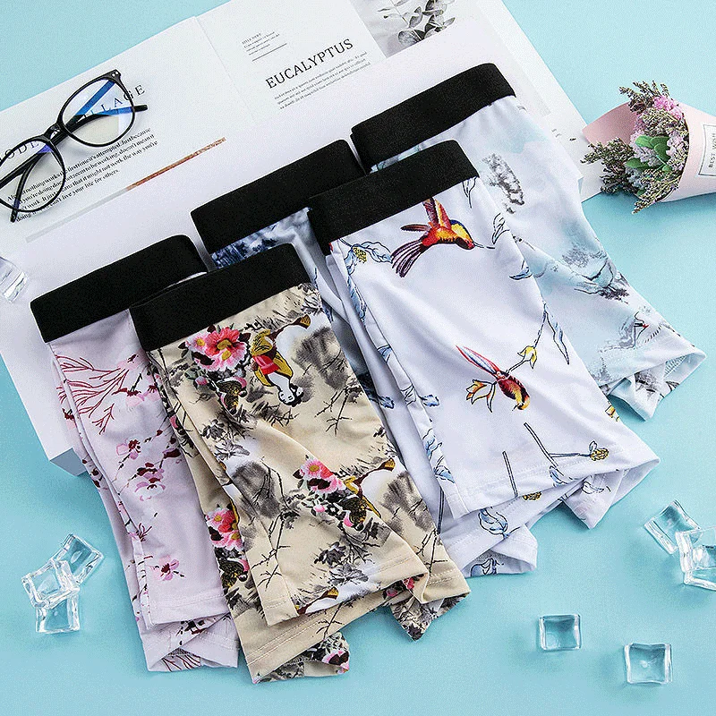 5Pcs/Lot Sexy Men's Underwear Flat Legged Shorts Ice Silk u Convex Bag Men's Underwear Flat Legged Pants Underwear Man