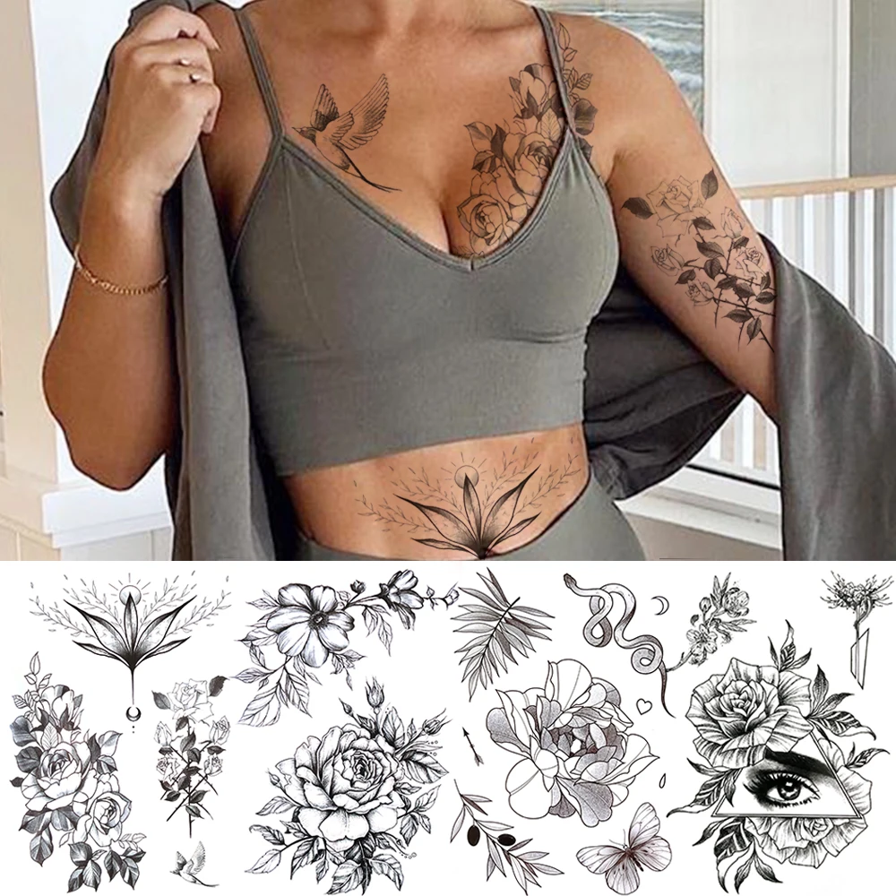

Black Rose Temporary Tattoos For Women Girls Realistic Bird Leaf Dahlia Demon Eye Fake Tattoo Sticker Waterproof Body Art Tattos