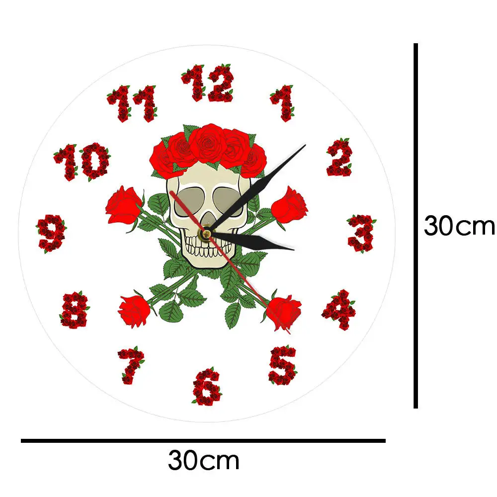 Sweet Skull With Rose Wreath Decorative Wall Clock Skeleton Modern Printed Acrylic Watch Room Decoration For Fever | Дом и сад
