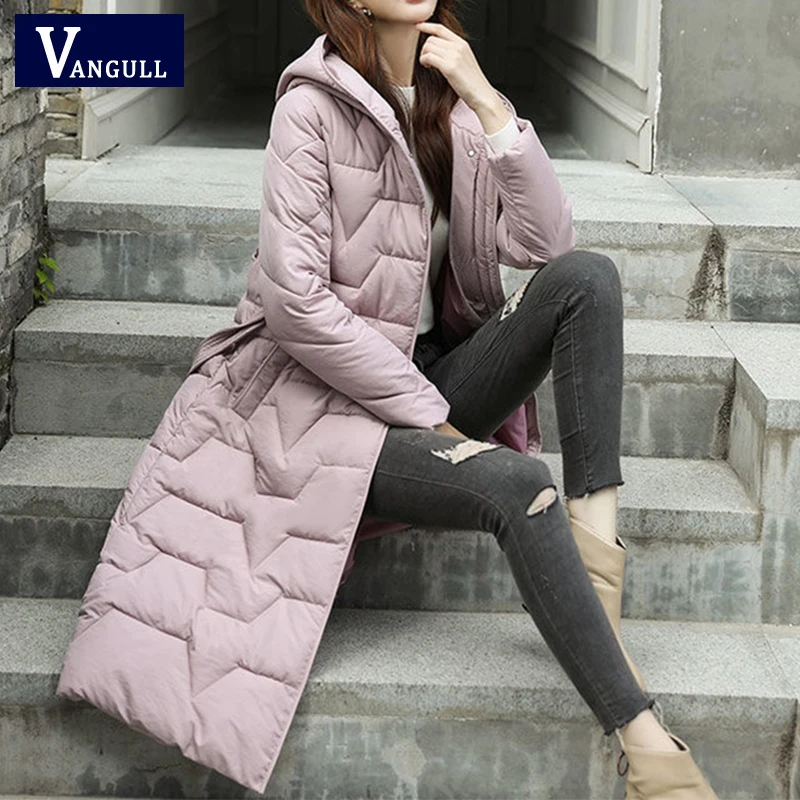 Vangull Women Long Slim Hooded Down Jacket Winter Warm Casual Elegant Office lady's Parka 2020 New E