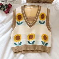 vintage women sunflowers jacquard sweater casual vest autumn 2021 winter sleeveless v neck pullover knitted cropped sweater