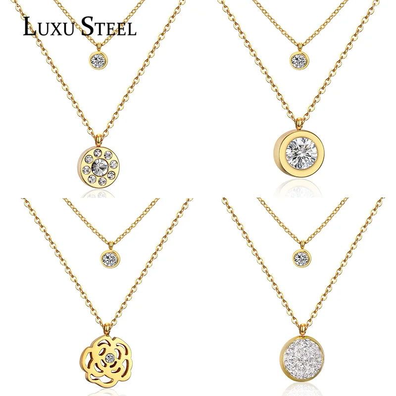 

LUXUSTEEL Round AAA Cubic Zirconia Double Round Pendants Necklace Stainless Steel Chain Necklace Wedding Jewelry