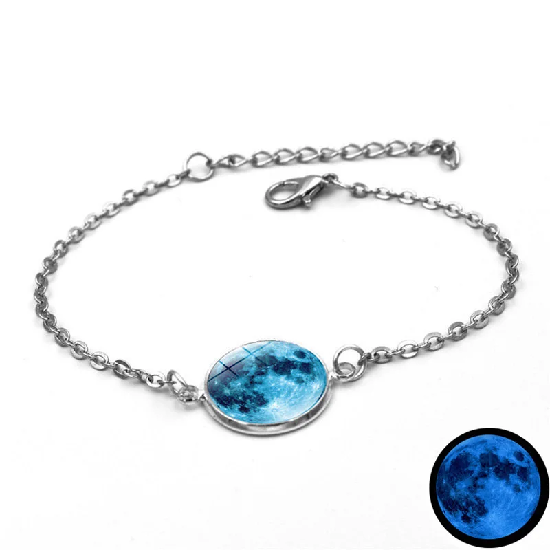 10 glow blue Светится в темноте шармы браслет со стеклянным кабошоном серая луна светящиеся украшения Серебряная цепочка звено браслеты для женщин подарок для девочек - Окраска металла: 10 glow blue