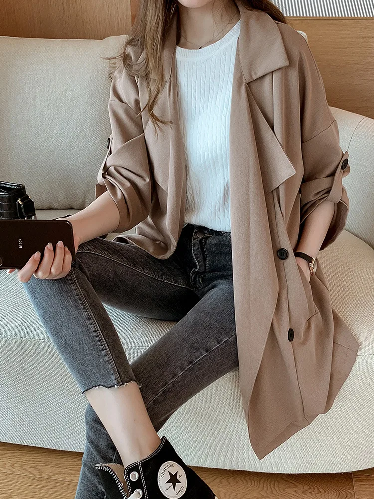 

Autumn 2020 New Women's Solid button Long Sleeve Lapel Windbreaker Women's Middle Long Small Thin Fashionable Coat