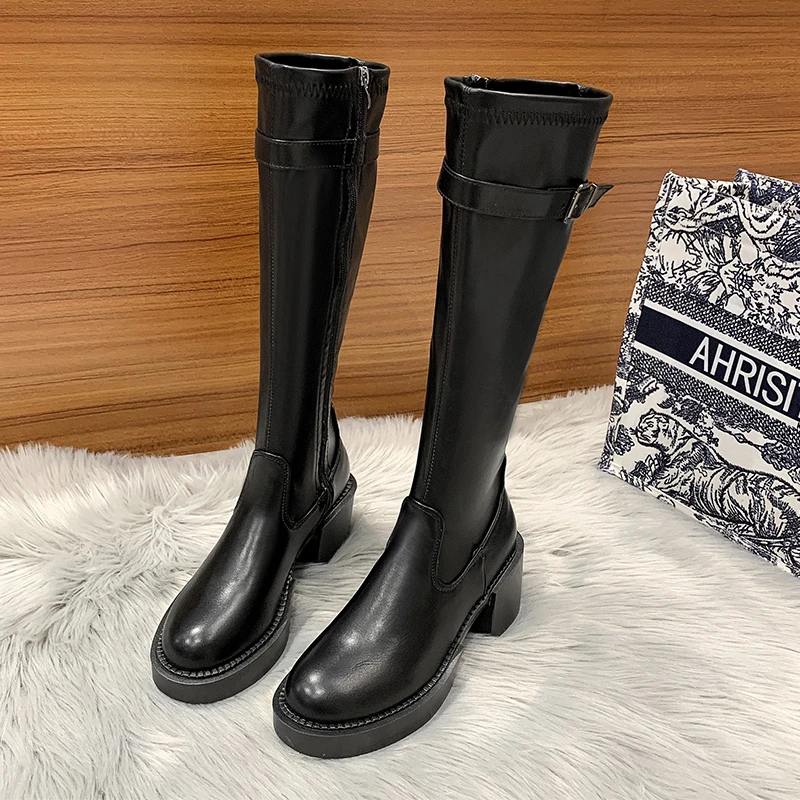 

Long Tube Martin Boots Autumn Black All-match Fashion High Boots Fang with High Heels Temperament Women's Shoes Solid