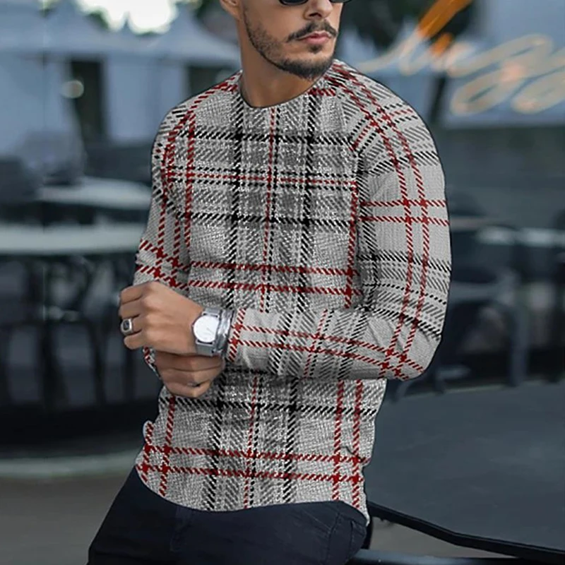 Casual Long Sleeve Plaid Print T-Shirt Men Autumn Fashion O-Neck Pullover Spring Male Plus Size Striped Top Tee Streetwear image 5