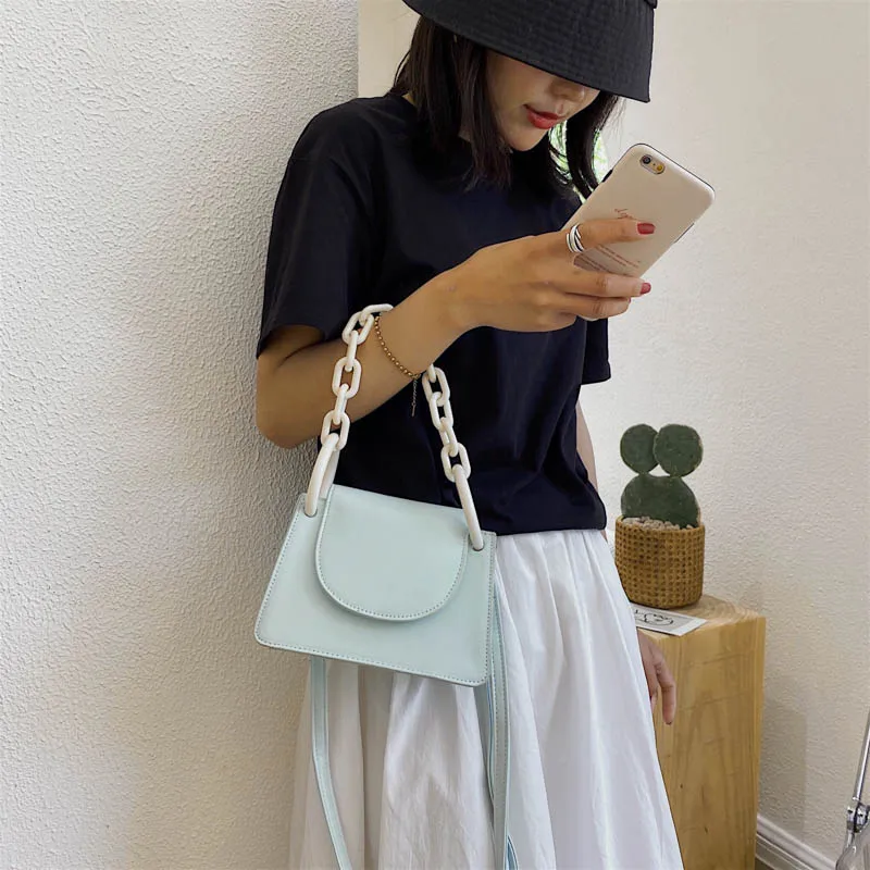 

Small Square Flap Crossbody Bag Fashion Quality PU Leather Women's Handbag Purse Femalle Acrylic Chain Shoulder Messenger Bags