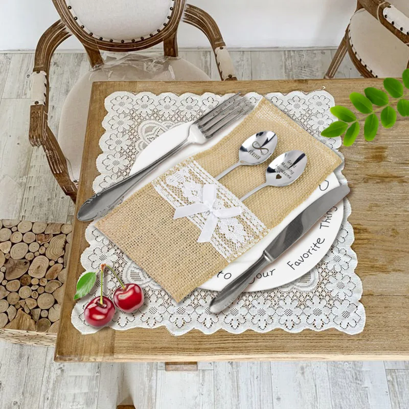 5 шт. джутовых шнурков кружева мешочек для столовых приборов в деревенском стиле