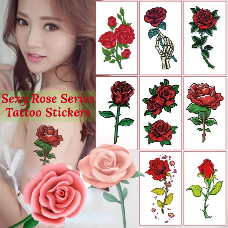 

8pcs/set of Rose Flower Tattoo Stickers Waterproof and Durable Ankle Clavicle Stickers Chest Waist Arm Tattoo Flower Stickers
