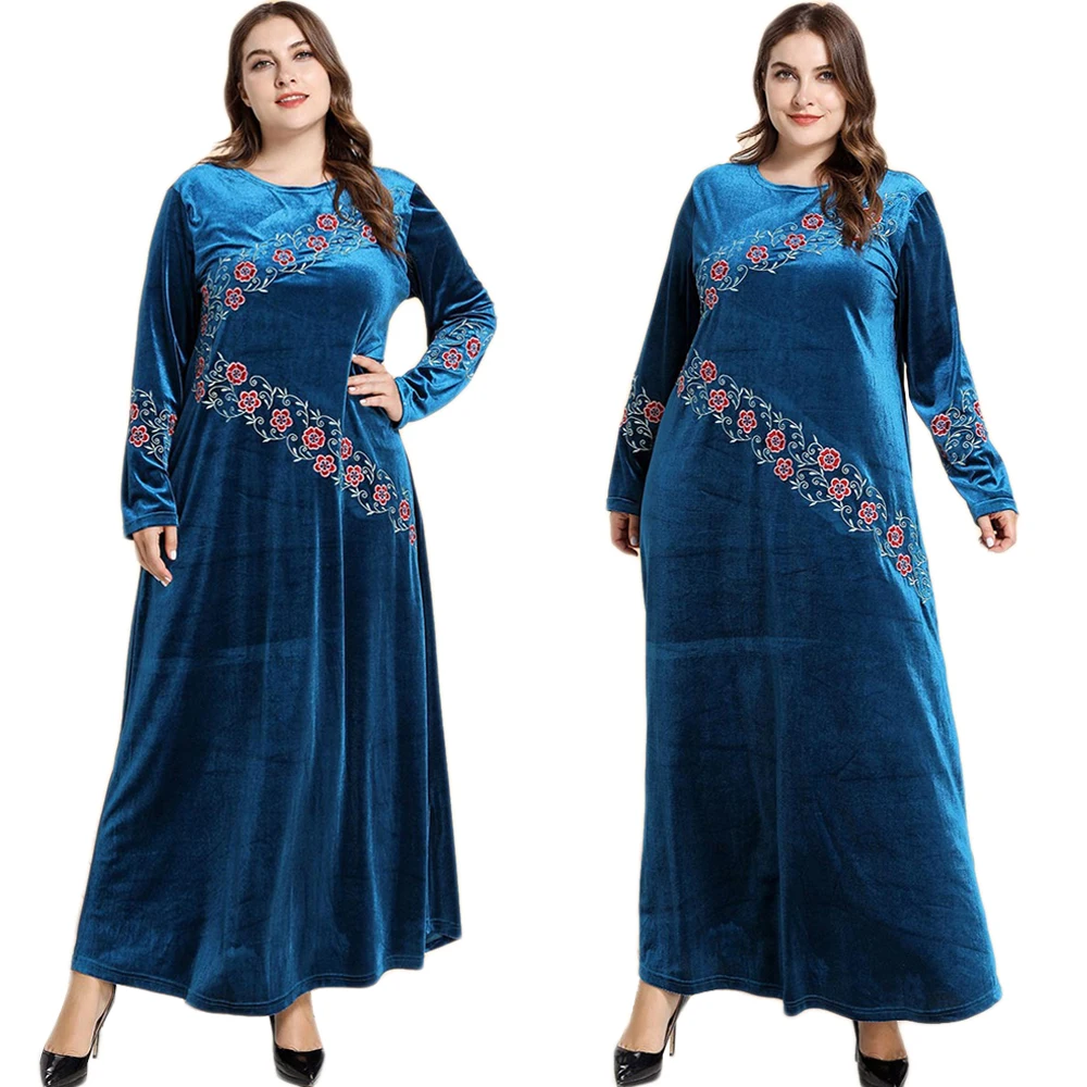Бархатное осенне-зимнее длинное платье с вышивкой Abaya, мусульманское платье макси, платье для женщин Среднего Востока, Дубай, кафтан размера...