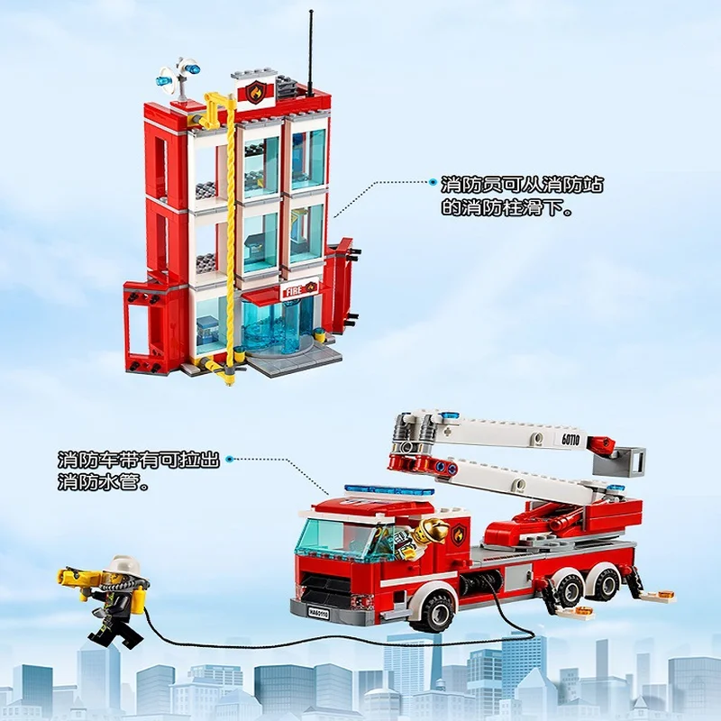 958 шт. серия City 60110 модель пожарной станции строительный блок кирпичная игрушка