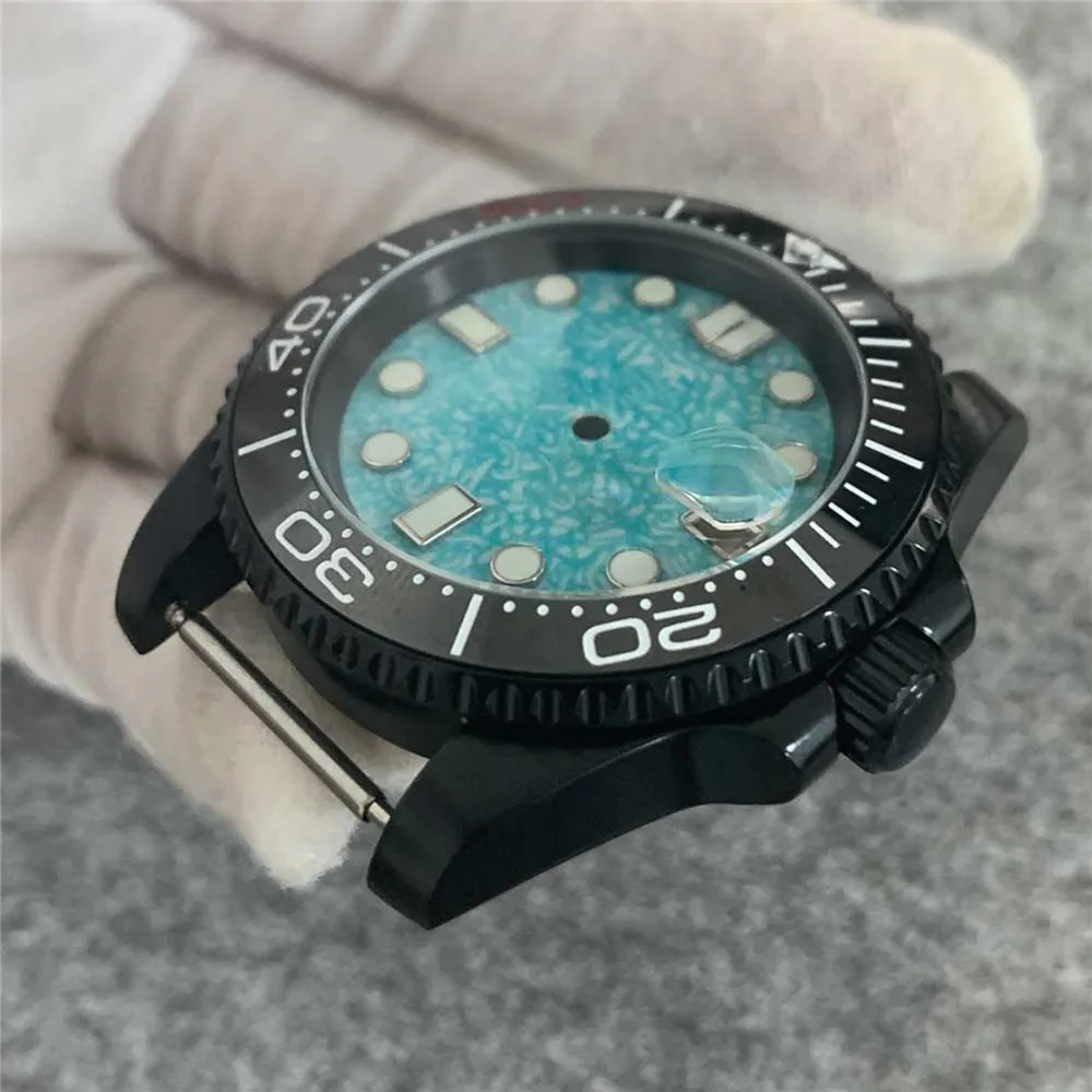 

40mm Watch Case Black PVD Coating for NH35/NH36/4R36 Movement Modification Kits Light Blue Dial Ceramic Bezel Watch Case