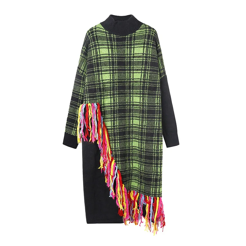 Корейское модное контрастное цветное платье-свитер большого размера клетчатое