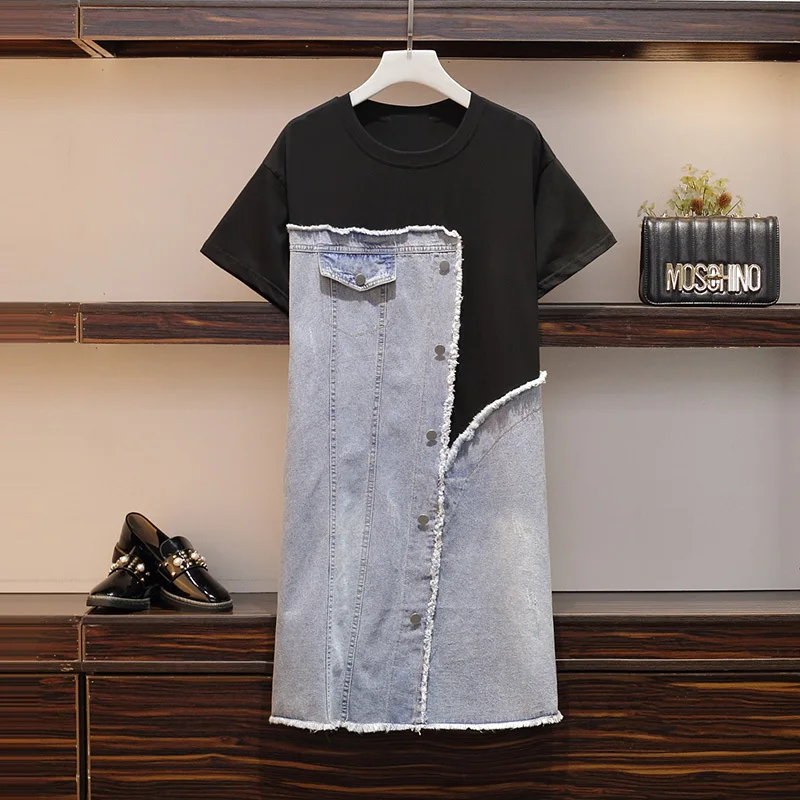Женские джинсовые лоскутные платья размера плюс повседневные с коротким рукавом