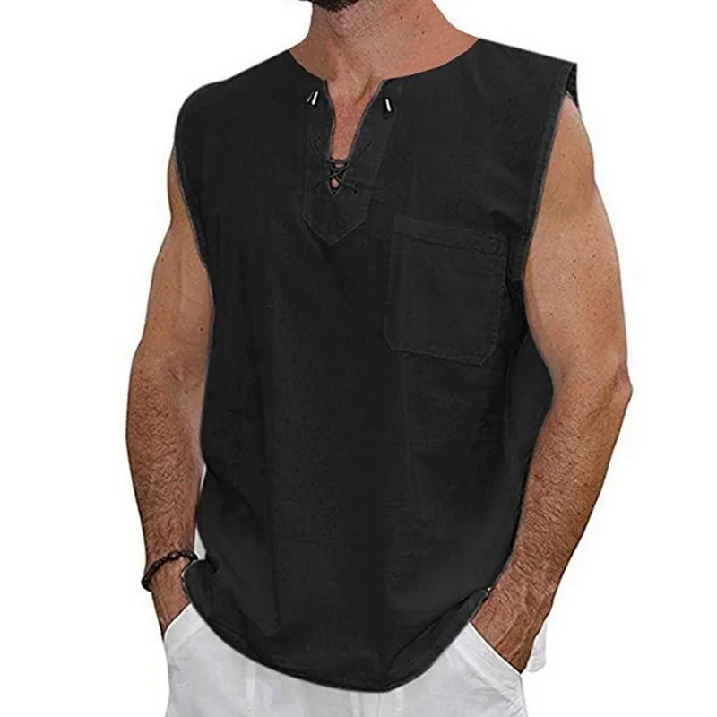 Summer Men Large Size Cotton and Linen Vest Shirt Vintage Bust Lace up Sleeveless T Shirt Solid Tops Tunic For Men 3XL 2021