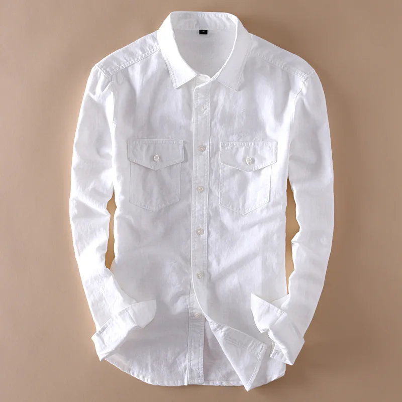 

The spring of 2020 men long sleeve white linen shirt young double soft cotton and linen shirt pocket leisure trend