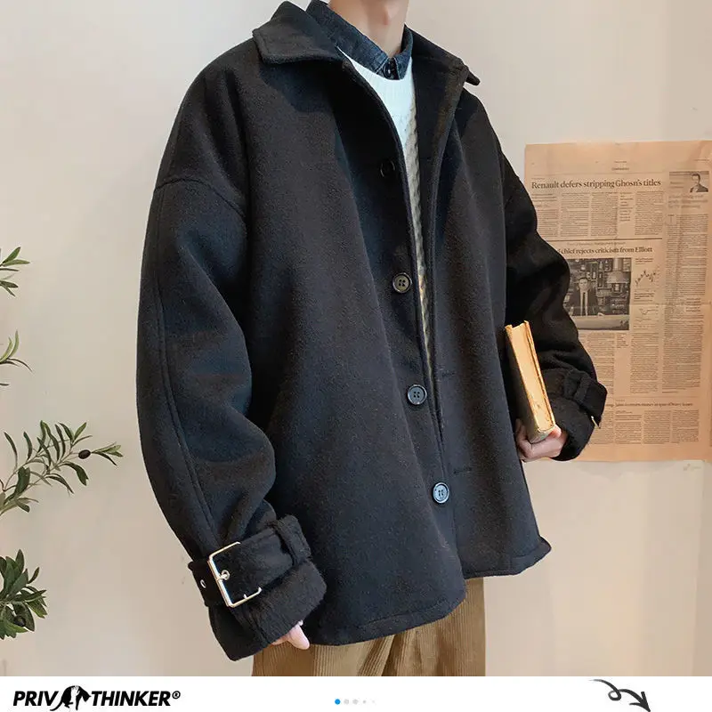 

Privathinker Autumn Winter Korean Woolen Jackets 2020 Solid Color Warm Short Fashion Coats men Oversized Outwear Tops