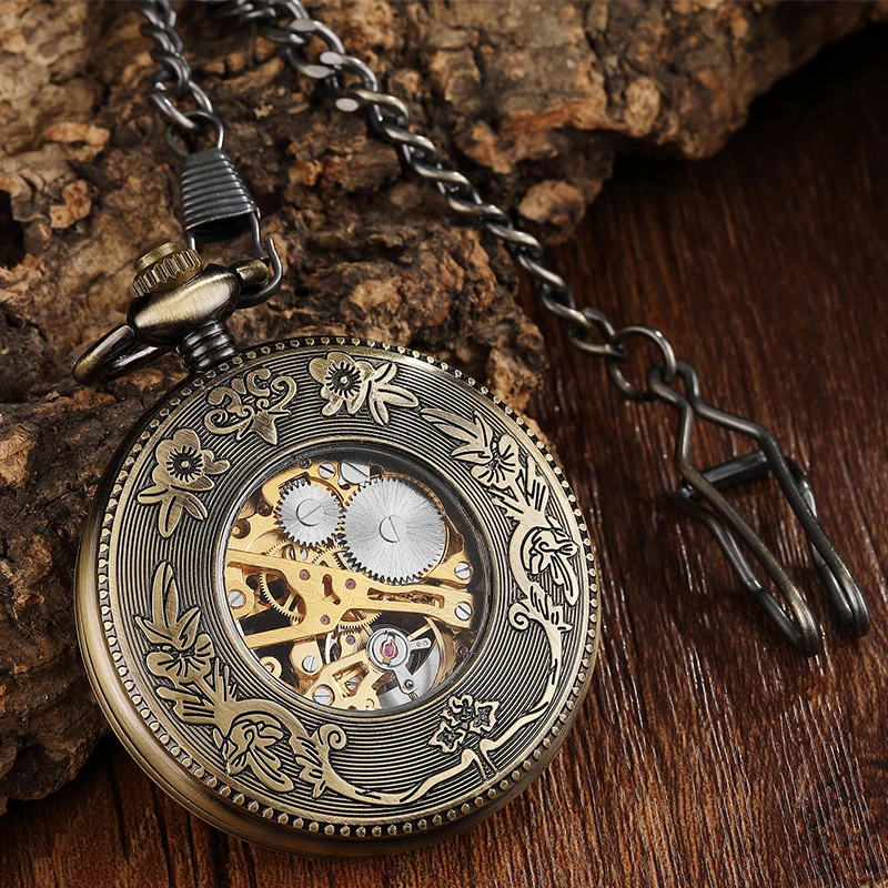 Roman Numeral Antique Mechanical Pocket Watch Skeleton Steampunk Vintage Eagle Engraved Case Dial Male Fob Chain Clock for Men
