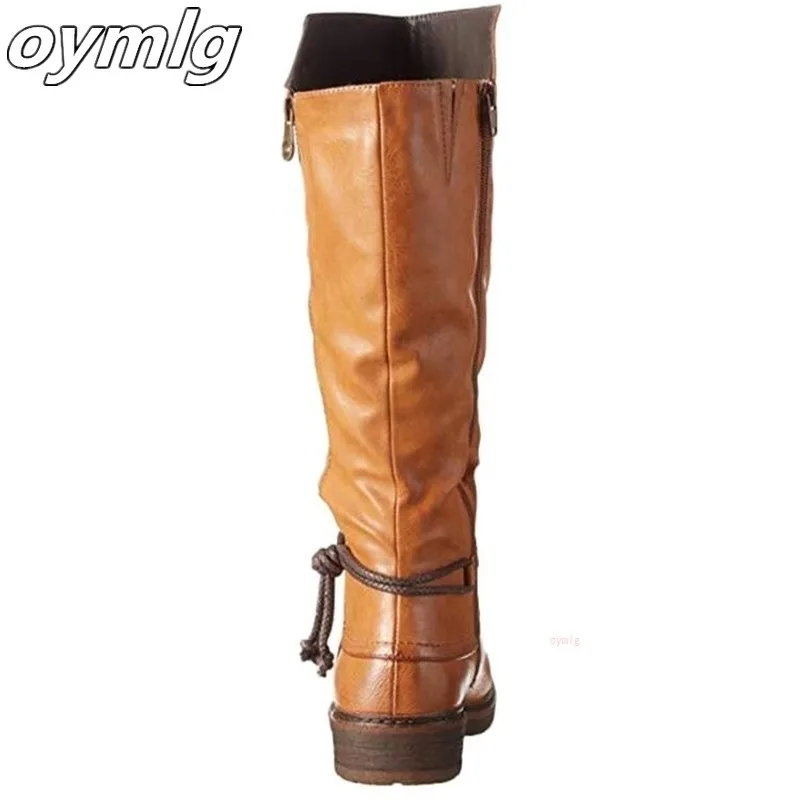 

Winter Women Knee-High Boots Round Toe Flat Boots Warm Ladies Casual Outdoor Pu Leather Solid Color Zipper Western Cowgirl Boots
