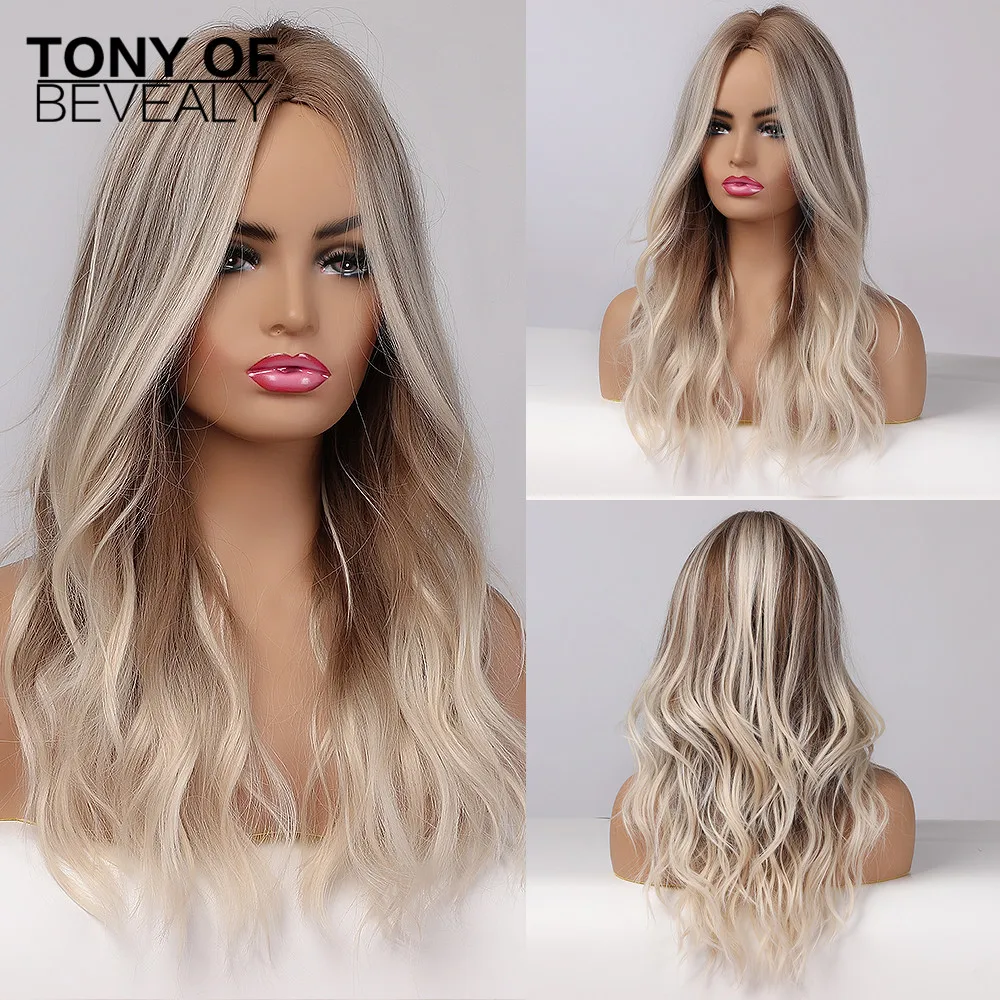 

Long Wavy Brown Blonde Ombre Hair Wigs Middle Part Heat Resistant Natural Synthetic Wigs for Afro Women Cosplay Fashion Wigs