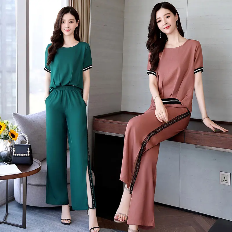 

women fashion comfortable suit Female leisure 2 piece set Round collar short sleeves Tops+lace Open fork long Wide-legged pants