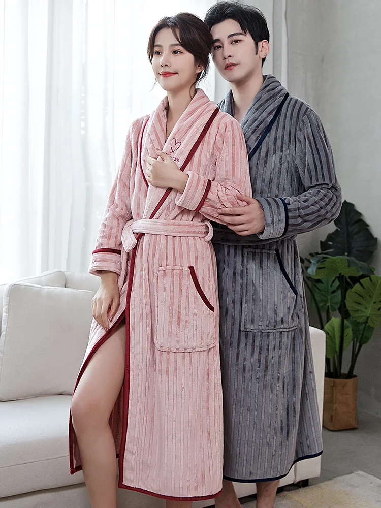 Coral Fleece 2PCS Kimono Robe Gown&Pants Set Nightwear Couple Sleepwear Flannel Loose Pyjamas Soft Nightgown Warm Pajamas 3XL