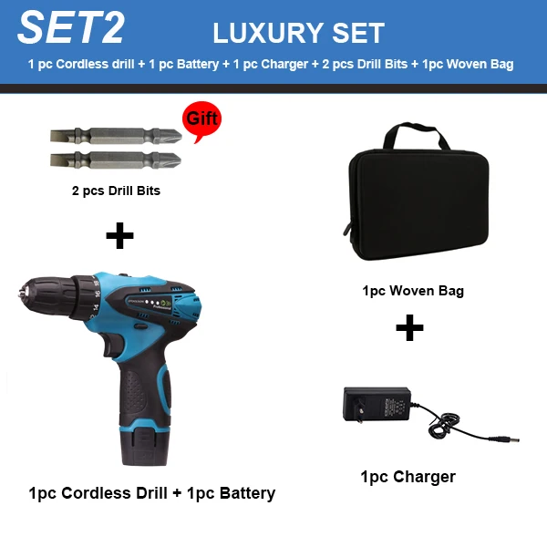 SET2 (1 pc battery) 12V электрические инструменты 1,5 Ah литий-ионная на батареях шуруповёрт 18+ 1 крутящий момент Беспроводная электрическая дрель для сверления в керамическом дереве - Цвет: SET2 (1 pc battery)