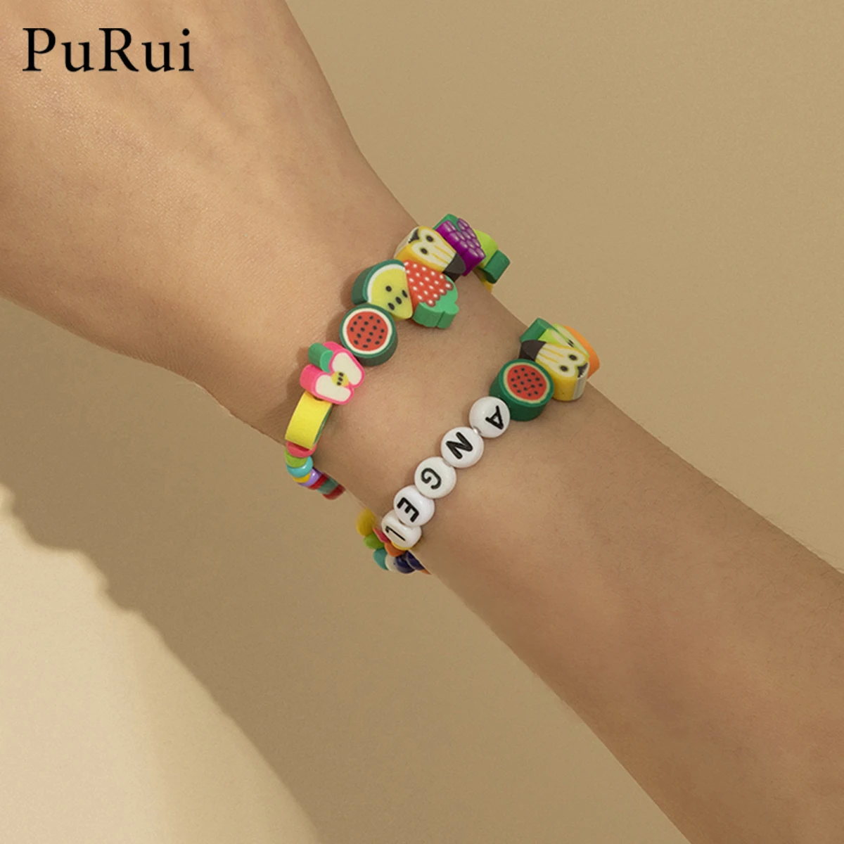 

2021 New Korean Elastic Colorful Acrylic Beaded Bracelets for Women Harajuku Angel Letter Fruit Handmade Bracelet Summer Jewelry