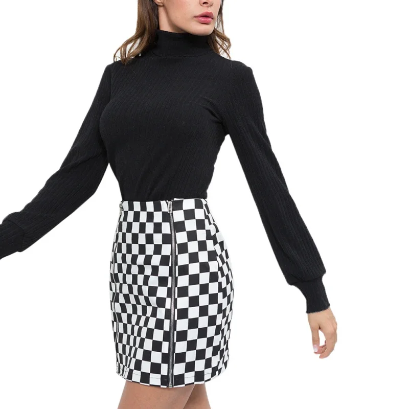 

New Plaid Skirt Women Invisible Sexy Metal Ring Zipper High Waist Slim Fit Hip Skirt Women Girls Empire Plaid Skirt