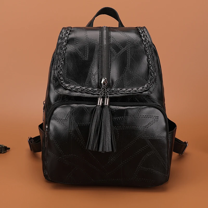 

Thread Backpack with Tassels Classic PU Women Shoulder Mochila Elegant Female All-match Bookbags Simple Wear-resistant Back Pack