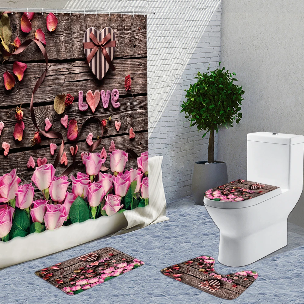 

Wood Grain And Flower Shower Curtains 4-Piece Set 3D Yellow Sunflower Rose Bath Decor Curtain Non-Slip Flannel Mat Carpet Set