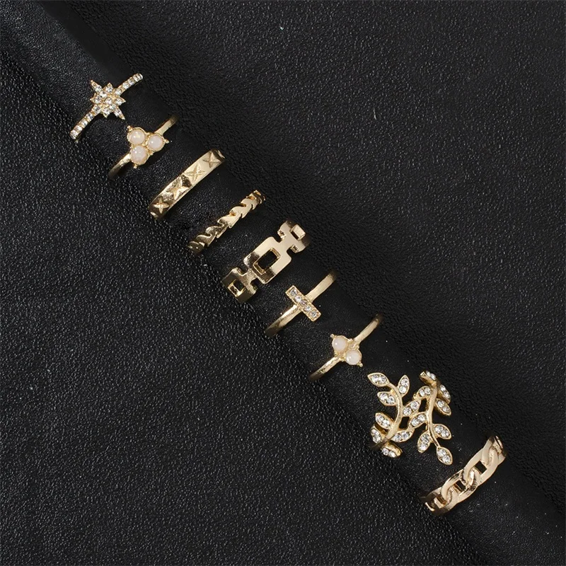 9 шт./компл. Модные кольца для женщин Нежный с украшением в виде кристаллов листья