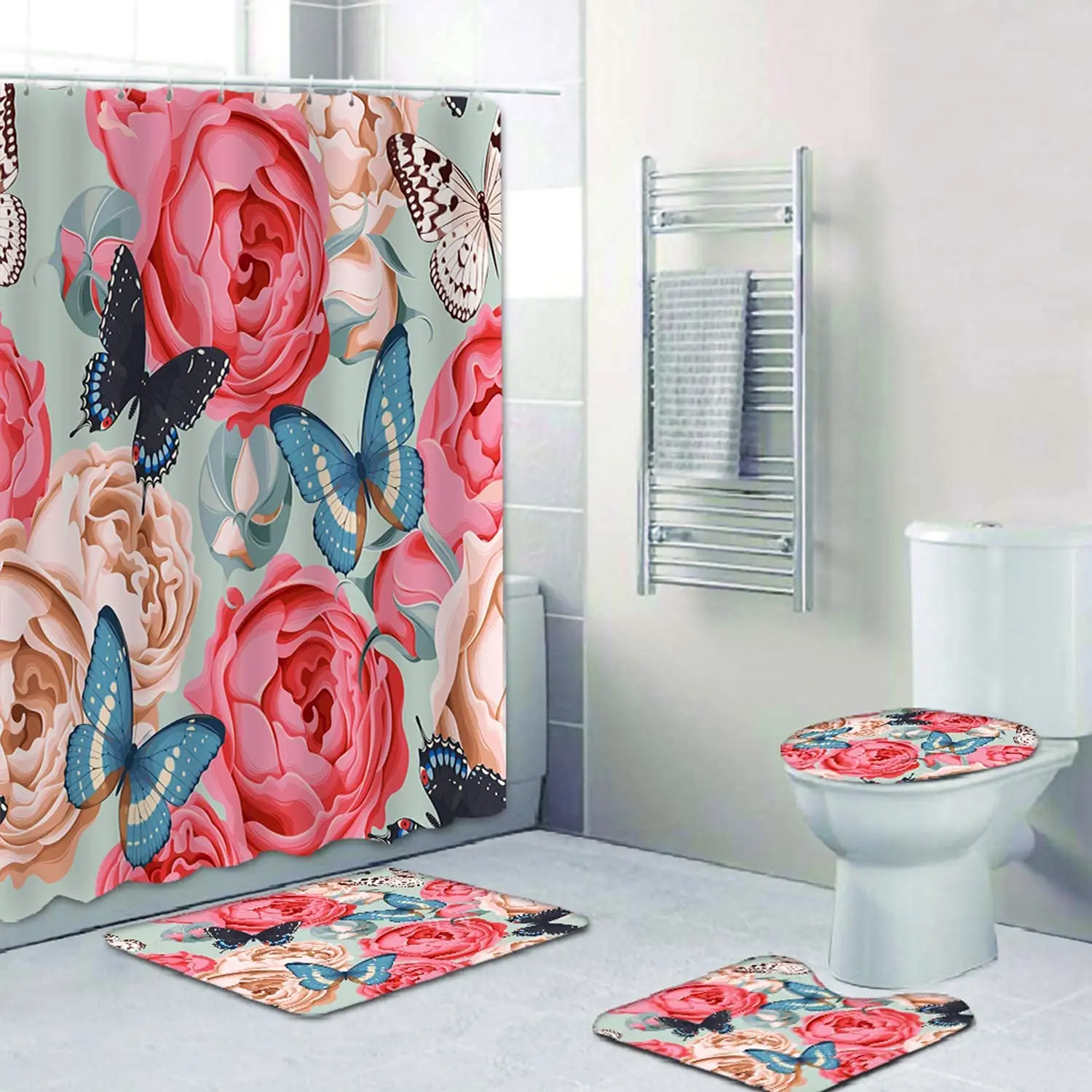 

Butterfly Bathroom Set With Shower Curtain And Rug And Accessories Curtains Toilet Contour Mat And Lid Cover For Bathroom Decor