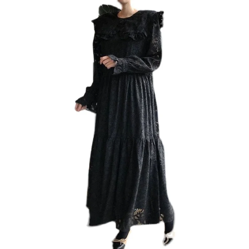 

COIGARSAM Cute Loose Women dress Turn-down Collar Dresses Black Apricot 1557