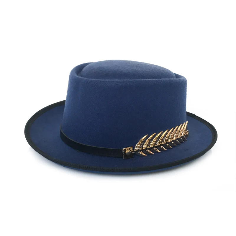 YY золотой пояс с перьями Fedora шляпа для мужчин плоский Топ шляпы Трилби для женщин свиной пирог джаз шляпа Классическая церковная Кепка FD19040 - Цвет: Blue Trilby Cap