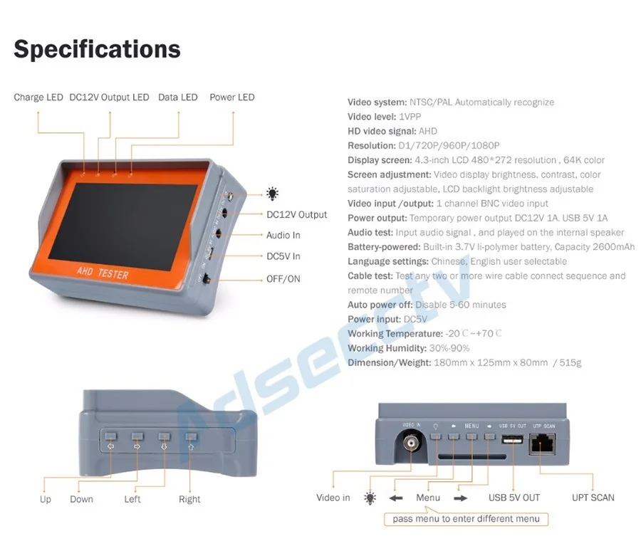 

1080P AHD Camera Tester 4.3-inch LCD Analog Video Test 12V/5V Power Output Cable CCTV Tester AR-CT401