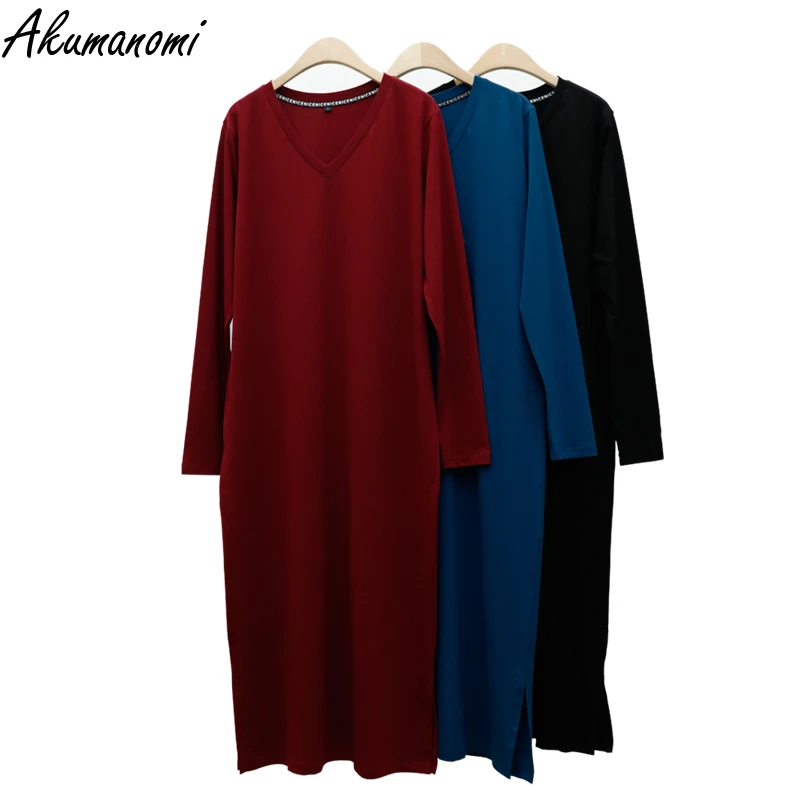 

plus size 6xl 7xl 8xl 9xl 10xl cotton knitted maxi dresses for women casual autumn spring black v-neck long sleeve ladies dress