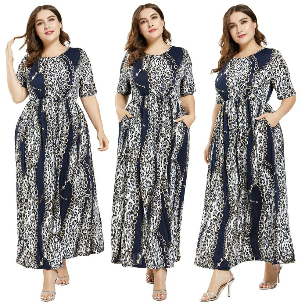 Мусульманское длинное платье с леопардовым принтом коротким рукавом Кафтан летние женские макси Вечерние