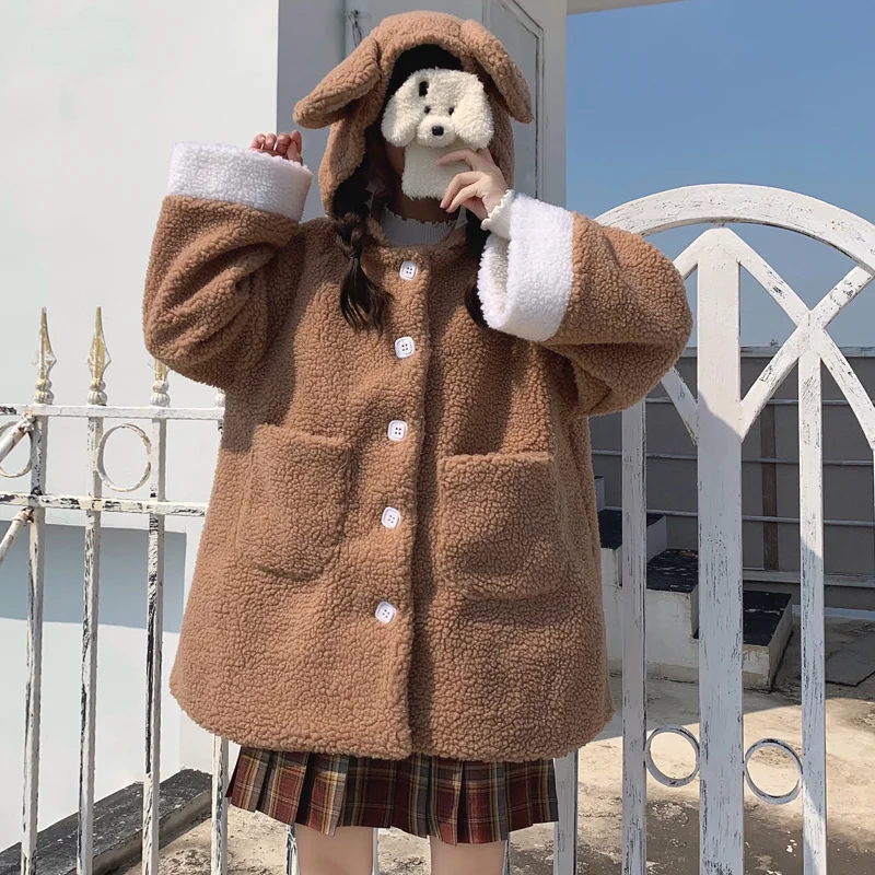 Winter Kawaii Girl Teddy Jacket Cute College Style Single Breasted Loose Thicken Warm Coat Women Fluffy Lamb Faux Fur Overcoat