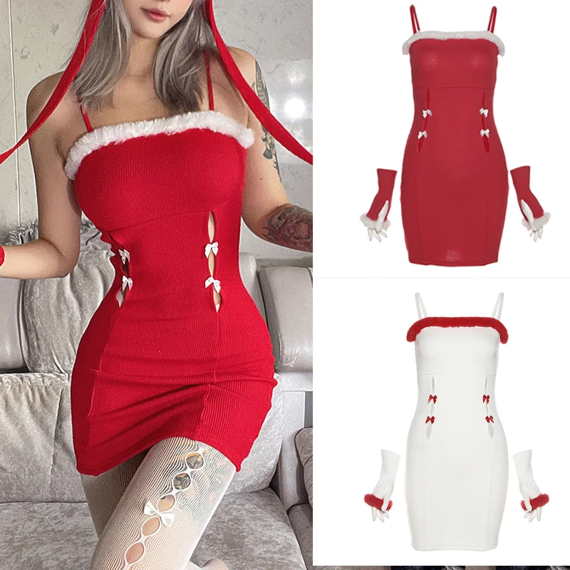 

2022 Christmas Suit Dress For Wome Red Sling Furry Tube Top Dress Sexy Hollow Out Bow-Knot Backless With Hat Christmas Suit