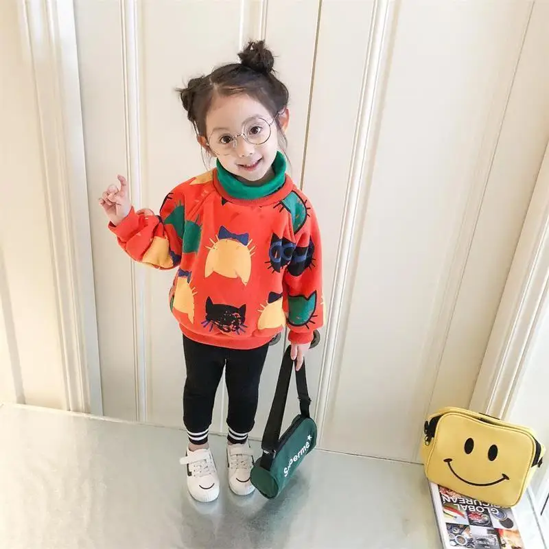 

Girls Plus Fleece Sweater Autumn and Winter 2020 New 1-3 Year Old Foreign High-necked Children's Thick Warm Bottoming Shirt